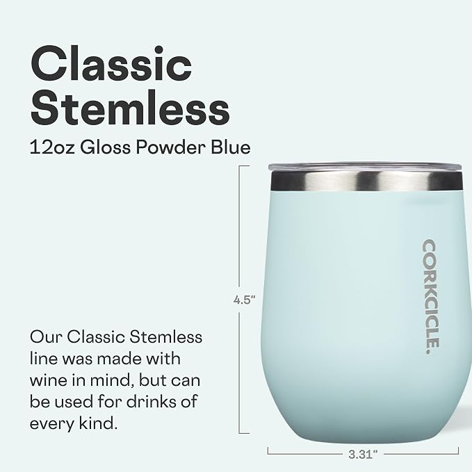 Corkcicle Stemless Wine Tumbler - Keeps Drinks Cold for 6 Hours - Triple-Insulated Stainless Steel - Non-Slip Base - Summer Drinkware Gift - Keeps Drinks Ice Cold - 12 oz - Gloss Powder Blue - Image 2