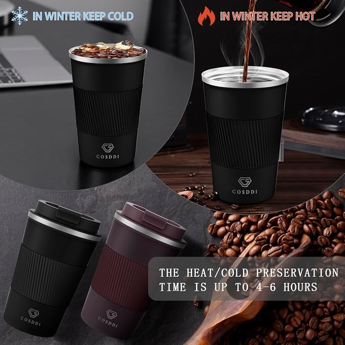 CS COSDDI 12 oz Stainless Steel Insulated Coffee Tumbler, Spill Proof Travel Mug with Lid for Hot & Cold Drinks, Car Cup Holder Friendly, Black - Image 8