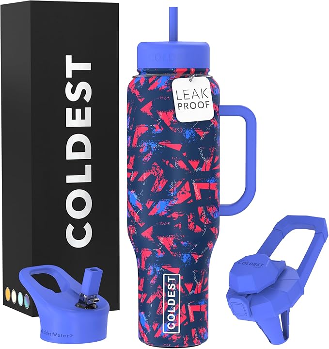 Coldest Tumbler with Handle and Straw - 100% Leak Proof Insulated Tumbler with Lid and Straw (3 Lids) - Stainless Steel Tumblers for Women & Men - Cup Holder Friendly Base, 46 oz (Trailblazer) by Coldest