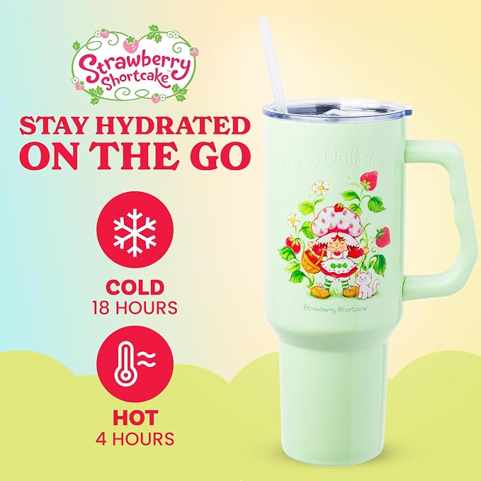 Silver Buffalo Strawberry Shortcake and Custard “Life is Delicious!” Double Walled Stainless Steel Tumbler with Handle, Fits in Standard Cup Holder, 40 Ounces - Image 2