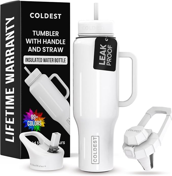 Coldest Tumbler with Handle and Straw, 100% Spill Proof Tumbler with Straw (3 Lids), Stainless Steel Insulated Leakproof Tumblers for Women & Men, Cup Holder Friendly, 46 oz (Snow Reflections) by Coldest