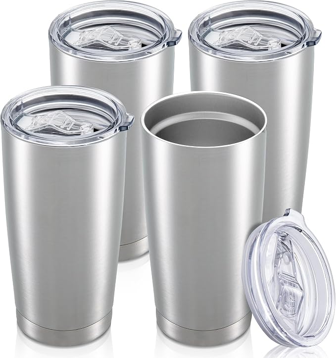 20 oz Tumbler with Lid Stainless Steel Insulated Tumblers Bulk Double Wall Vacuum Cups Powder Coated Travel Mug Keep Drinks Cold and Hot, Stainless Steel, 4 Pack by Orebigo