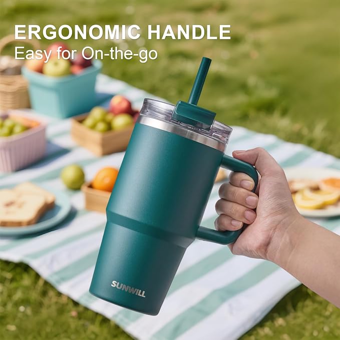 SUNWILL Coffee Tumbler with Handle, 20 oz Travel Mug with Lid and Straw Insulated, Stainless Steel Cup Leak Proof for Travel & Outdoor, Cupholder Friendly, Powder Coated Deep Teal - Image 5