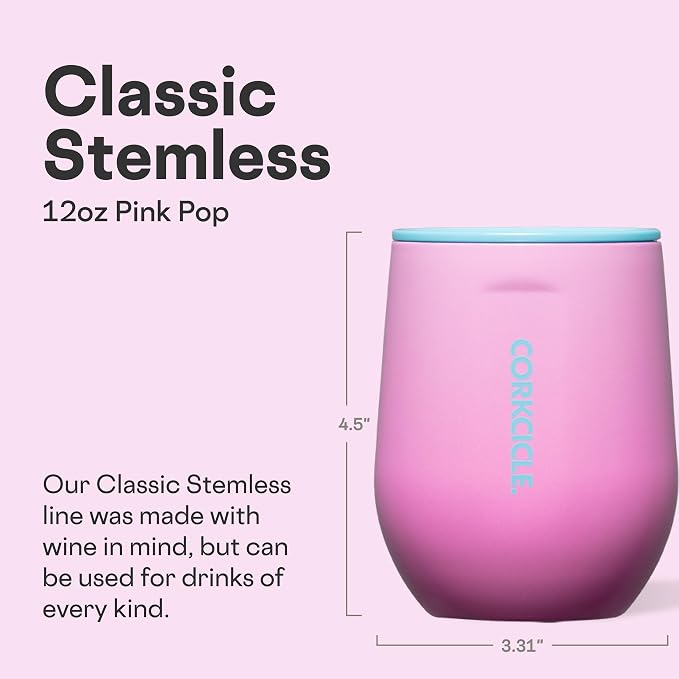 Corkcicle Stemless Wine Tumbler - Keeps Drinks Cold for 6 Hours - Triple-Insulated Stainless Steel - Non-Slip Base - Summer Drinkware Gift - Keeps Drinks Ice Cold - 12 oz - Pink Pop - Image 2