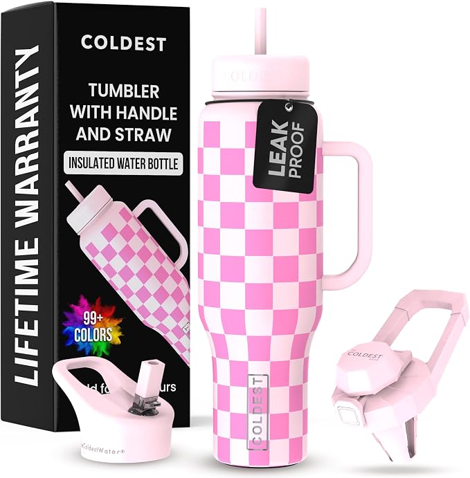 Coldest Tumbler with Handle and Straw - 100% Leak Proof Insulated Tumbler with Lid and Straw (3 Lids) - Stainless Steel Tumblers for Women & Men - Cup Holder Friendly Base, 46 oz (Pink Checkers) by Coldest