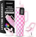 Coldest Tumbler with Handle and Straw - 100% Leak Proof Insulated Tumbler with Lid and Straw (3 Lids) - Stainless Steel Tumblers for Women & Men - Cup Holder Friendly Base, 46 oz (Pink Checkers) by Coldest
