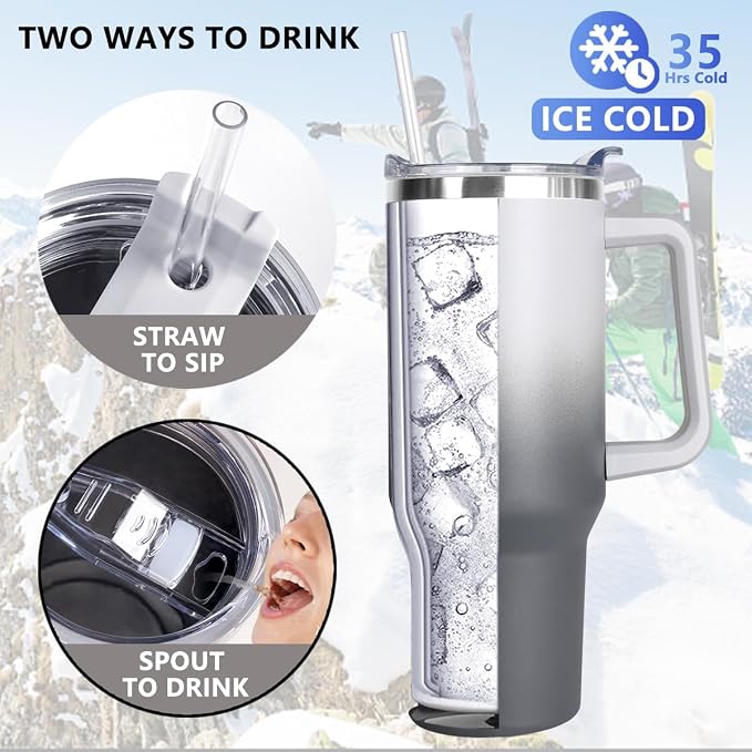 SYACOT 40 oz Tumbler with Handle and Straw Stainless Steel Insulated Tumbler Leak Proof Lid and Straw Lid Reusable Travel Mug Coffee Mug Cup Dishwasher Safe Keep Drinks Cold and Hot (Grey&Black) - Image 3