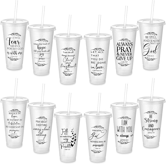 Havawish 12 Pcs Mothers Day Christian Tumbler Gift Bulk Religious Inspirational 24 oz Drinking Jesus Cup with Lid Straw Bible Verse Plastic Cup for Church Father Teacher First Communion (Clear) by Havawish