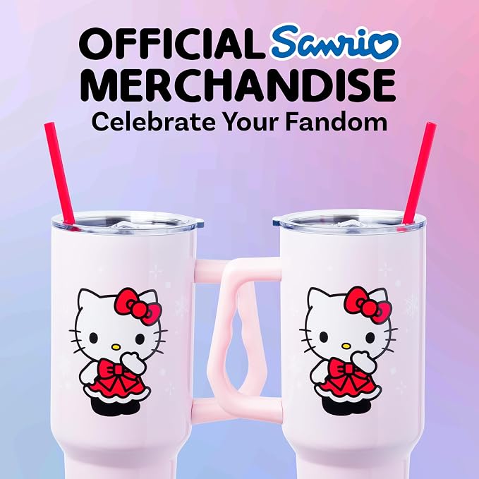 Silver Buffalo Sanrio Hello Kitty Christmas Holiday Dress and Matching Bow Snowflakes Double Walled Stainless Steel Tumbler with Handle and Straw, Fits in Standard Cup Holder, 40 Ounces - Image 5