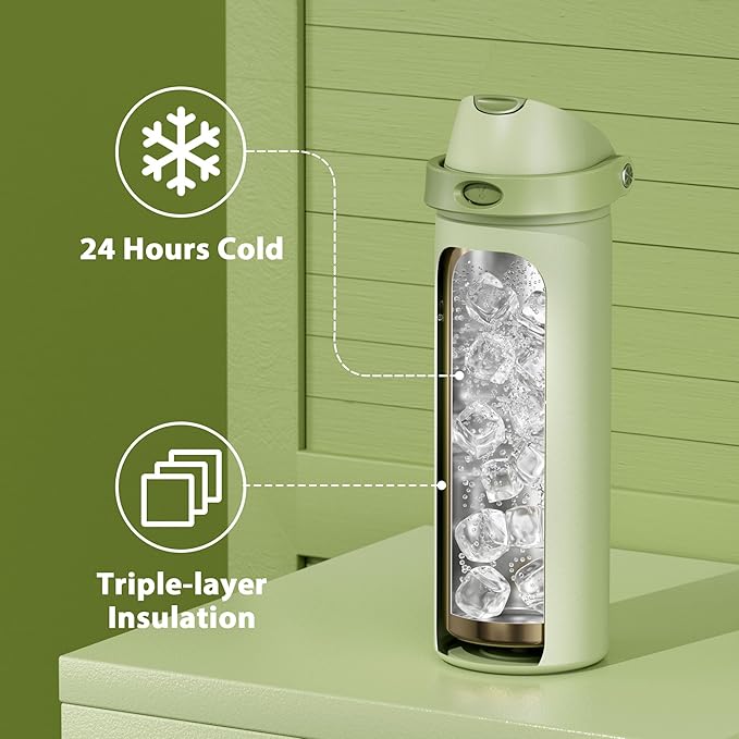 24 oz Insulated Water Bottle with Straw: Meoky Stainless Steel Metal Water Bottle with 2-in-1 Lid - Leak Proof, Cold for 24 Hours, Protective Silicone Base, BPA-Free for Sports Travel Car, Sage - Image 5