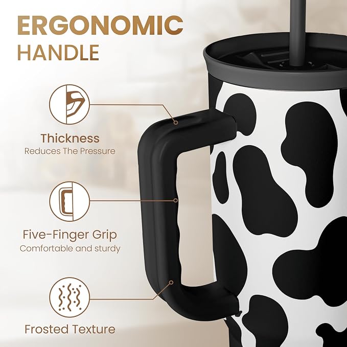 SANDJEST Cow Tumbler with Handle 40oz, Cow Print Cup Stainless Steel Tumblers Coffee Travel Cups with Slider Lid, Cow Gifts for Women Birthday Christmas Mothers Day - Image 3