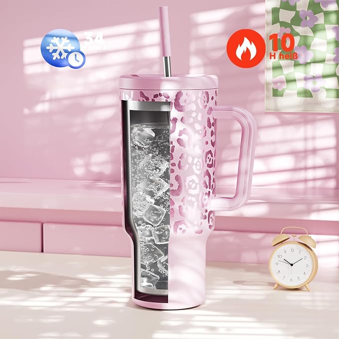 Meoky 40 oz Tumbler with Handle and Straw, Tumbler with Lid and Straw, Insulated Stainless Steel Travel Mug, 100% Leak-proof, Keeps Cold for 34 Hours or Hot for 10 Hours (Pink Leopard) - Image 2