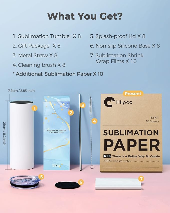 Hiipoo 8 Pack Sublimation Tumblers Blank 20 oz Straight Skinny with Sublimation Papers, Lids and Straws, Shrink Wrap Films, Stainless Steel Double Wall Insulated Tumbler for Mug Press Machine - Image 5