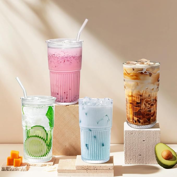 Luiaiog 18.5oz Glass Cups with Lids and Straws - Set of 4 Reusable Tumblers, Thickened Shatter-Resistant Glass, Ideal for Iced Coffee, Smoothies, Cocktails, Juices - Elegant & Durable Drinkware - Image 6