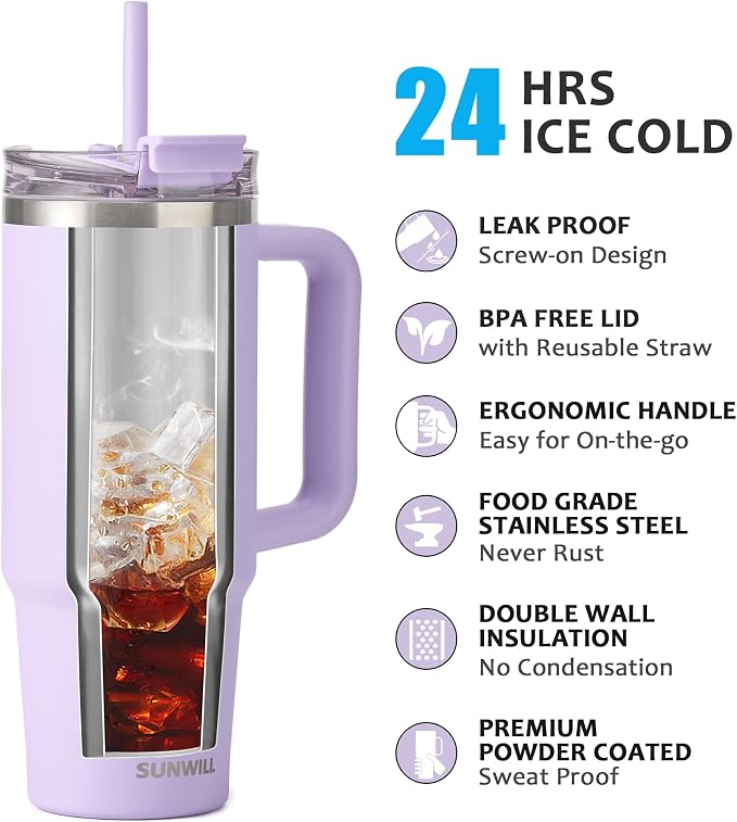 SUNWILL Coffee Tumbler with Handle, 30 oz Travel Mug with Lid and Straw Insulated, Stainless Steel Cup Leak Proof for Travel & Outdoor, Cupholder Friendly, Powder Coated Orchid - Image 2
