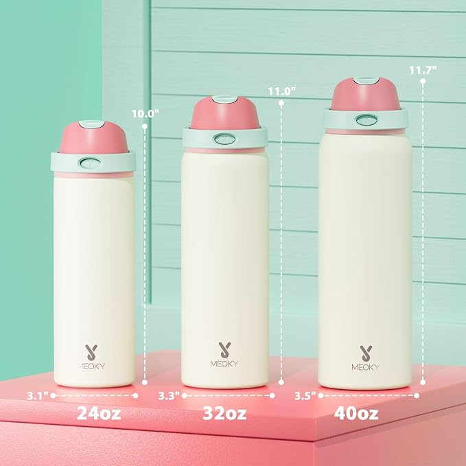 24 oz Insulated Water Bottle with Straw: Meoky Stainless Steel Metal Water Bottle with 2-in-1 Lid - Leak Proof, Cold for 24 Hours, Fits in Car Cup Holder, BPA-Free for Travel Sports Gym, Cream - Image 3