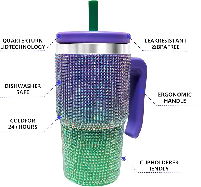 2PCS 20-OZ Insulated Water Bottle,Insulated Stainless Steel Tumbler,Reusable Cold Drink Thermos,BPA-Free, Double-Wall Stainless Steel Water Bottle (Purple Green Gradient-Diamonds, 20, Fluid Ounces) - Image 5