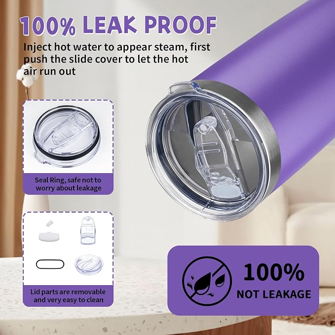 20 oz Tumbler with Lids and Straws, Stainless Steel Insulated Coffee Tumbler, Double Wall Vacuum Insulated Travel Mug Cup, Leakproof Thermal Coffee Cup for Hot and Cold Drinks (purple) - Image 5
