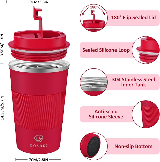 CS COSDDI 12 oz Stainless Steel Vacuum Insulated Tumbler - Coffee Travel Mug Spill Proof with Lid - coffee Cup for Keep Hot/Ice Coffee,Tea and Beer (Red) - Image 2