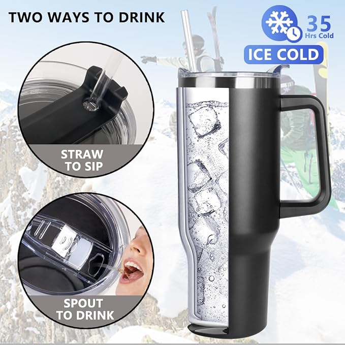 SYACOT 40 oz Tumbler with Handle and Straw Stainless Steel Insulated Tumbler Leak Proof Lid and Straw Lid Reusable Travel Mug Coffee Mug Cup Dishwasher Safe Keep Drinks Cold and Hot (Magic Black) - Image 3