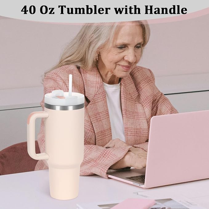 4 Pack 40 Oz Tumbler with Handle Bulk, Double Wall Vacuum Insulated Stainless Steel Tumbler with Lid and Straw, 40 oz cup with Silicone Spill Proof Stopper Set (Rose Quartz) - Image 7