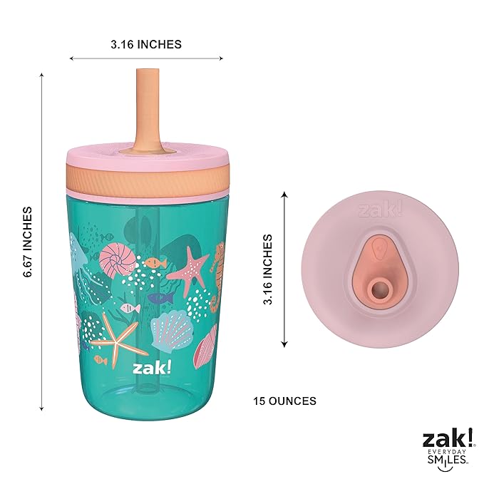 Zak Designs Kelso 15 oz Tumbler Set, (Shells) Leak-Proof Screw-On Lid with Straw Made of Durable Plastic and Silicone, Perfect Cup Bundle for Kids (2pc Set) - Image 8