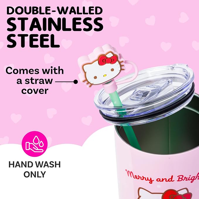 Silver Buffalo Sanrio Hello Kitty Christmas Holiday Sweater Merry and Bright Double Walled Stainless Steel Tumbler with Handle, Straw, and Straw Cap, Fits in Standard Cup Holder, 40 Ounces - Image 4