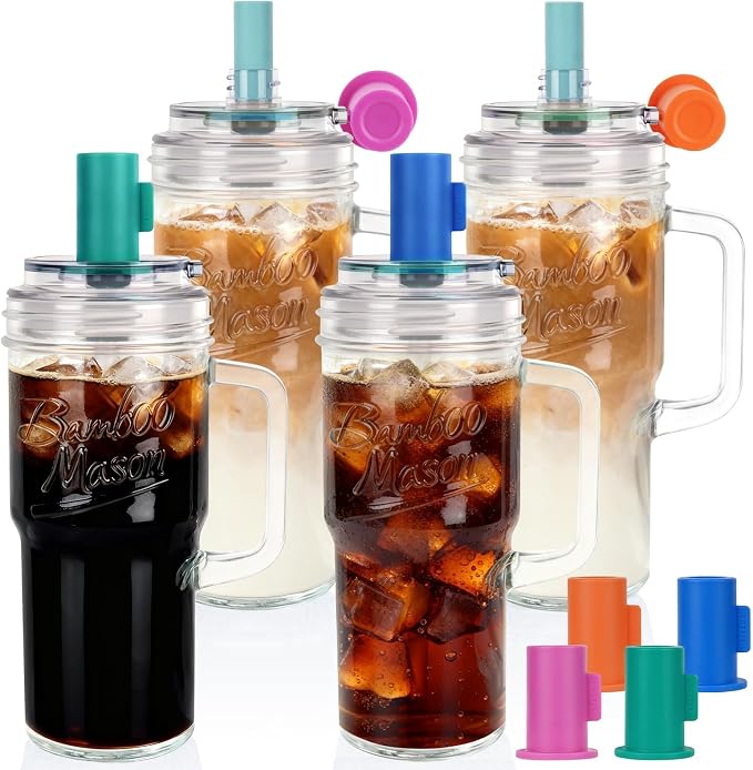 Anotion Mason Jar Cups with Lids and Straw, Leakproof 24oz Glass Tumbler with Handle, Leak-Proof Dustproof Cap, Self-Assembly Silicone Straw, Reusable Iced Coffee Matcha Cup Coffee Gifts for Women 4pc by ANOTION