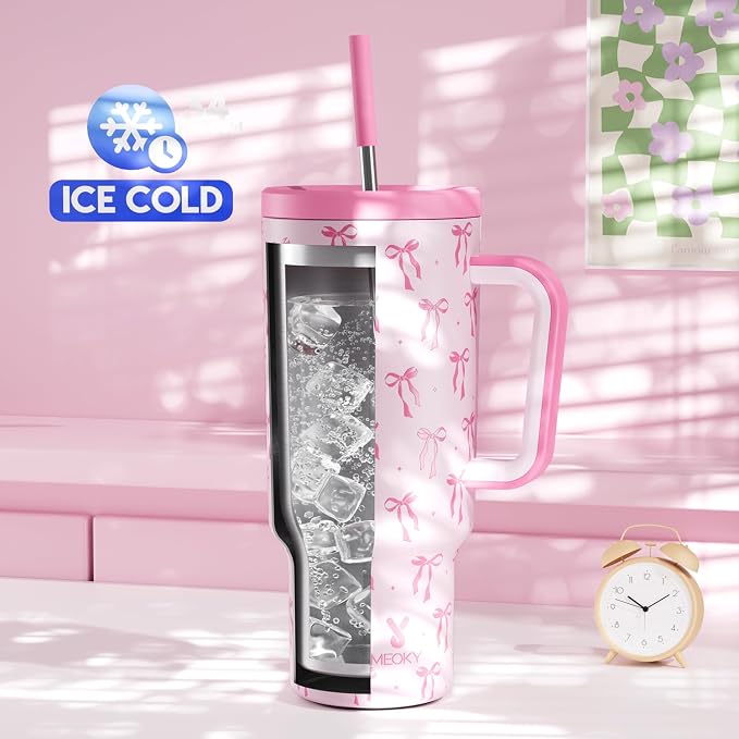 Meoky 40 oz Tumbler with Handle and Straw: Stainless Steel Insulated Tumbler with Lid and Straw - 100% Leak Proof Tumbler for Car Cup Holders - Travelers Commuters Workers, Bow - Image 2