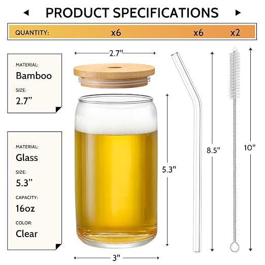 [ 6pcs Set ] Glass Cups with Bamboo Lids and Glass Straw - Beer Shaped Drinking Glasses, 16 oz Iced Coffee Glasses, Cute Tumbler Cup for Smoothie, Boba Tea, Whiskey, Water - 2 Cleaning Brushes - Image 2
