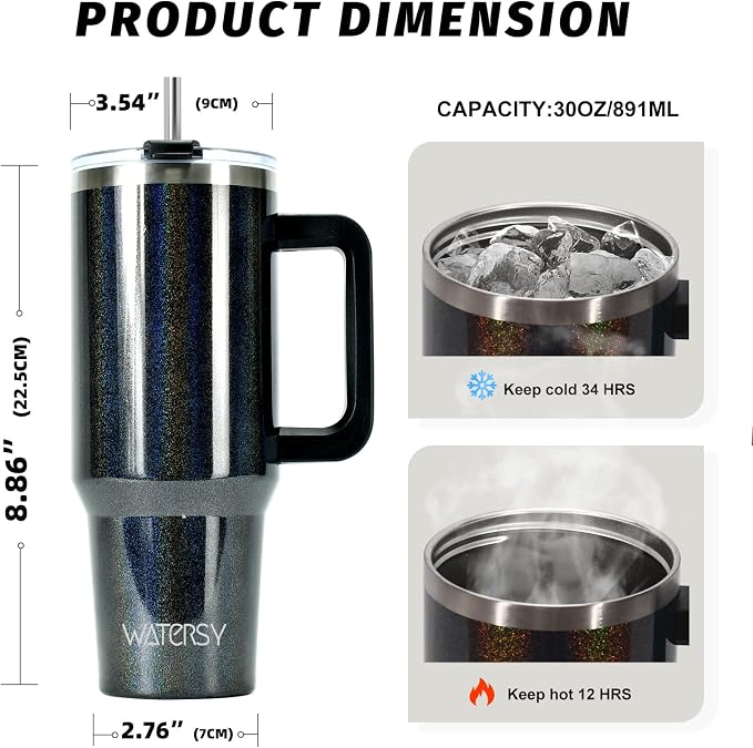 30 oz Shiny Tumbler with Handle and Straw,Stainless Steel Tumbler with Lid and Straw,Insulated Travel Mug(Cold for 34 Hours),Water Bottle for Iced Tea,Coffee (Black) - Image 2