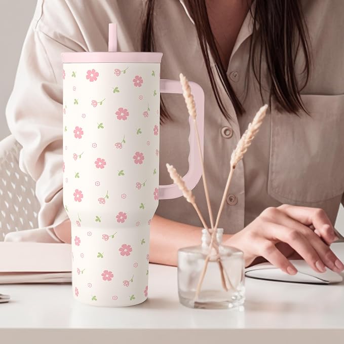 Floral 40oz Tumbler with Handle and Straw – Flowers Insulated Stainless Steel Travel Coffee Mug for Women Girls - Gift Idea for Birthday Christmas Mothers Day - Image 8