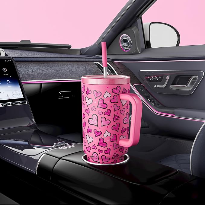 Meoky 40 oz Tumbler with Handle and Straw: Stainless Steel Insulated Tumbler with Lid and Straw - 100% Leak Proof Tumbler for Car Cup Holders - Travelers Commuters Workers, Blush Heart - Image 5