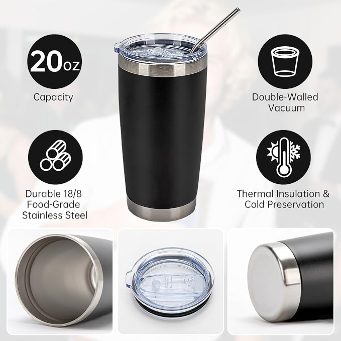 IEOVIEE 32 Pack, 20oz Stainless Steel Bulk Tumblers with Lids and Straws, Double Wall Insulated Travel Coffee Mug, Durable Powder Coated Tumbler Bulk Cup for Cold and Hot Drinks(Black) - Image 5