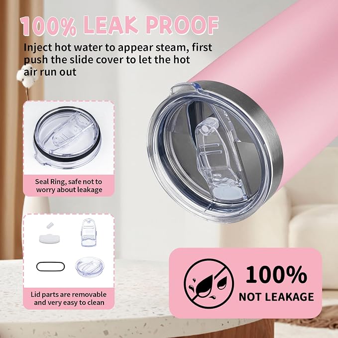 20 oz Tumbler with Lids and Straws, Stainless Steel Insulated Coffee Tumbler, Double Wall Vacuum Insulated Travel Mug Cup, Leakproof Thermal Coffee Cup for Hot and Cold Drinks (light pink) - Image 5