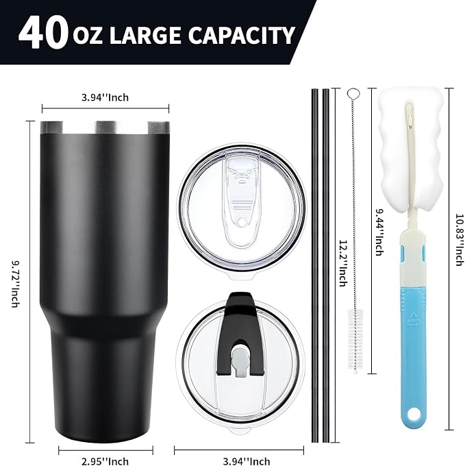 40 oz Tumbler with Lids and Straws, Stainless Steel Insulated Coffee Tumbler, Double Wall Vacuum Insulated Travel Mug Cup, Leakproof Thermal Coffee Cup for Hot and Cold Drinks (Black) - Image 2