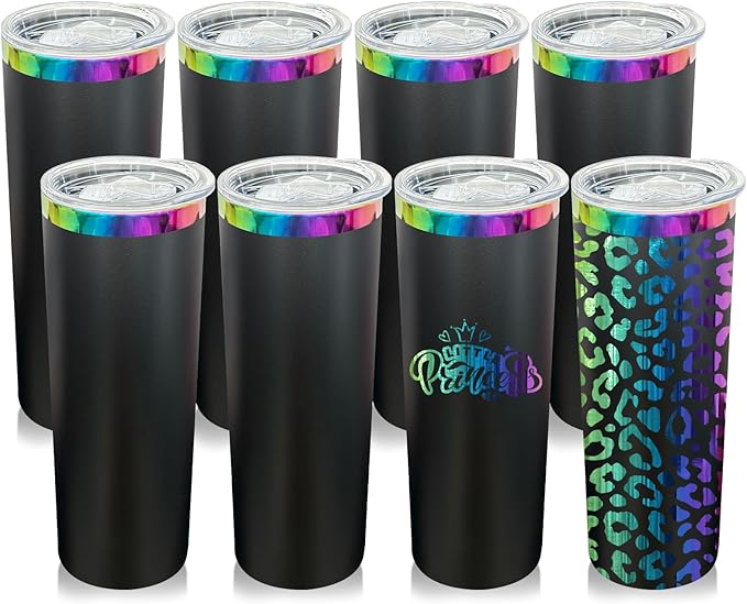 20 oz Skinny Tumblers Stainless Steel Tumbler with Lid and Straw Double Wall Vacuum Insulated Coffee Mug 20oz Powder Coated Cup for Hot and Cold Drinks(Black,8 pack) by FunTrans