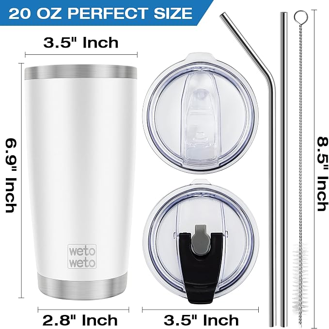 WETOWETO 20oz Tumbler with 2 lids and 2 straws, Stainless Steel Vacuum Insulated Water Coffee Tumbler Cup, Double Wall Powder Coated Spill-Proof Travel Mug Thermal Cup (White, 1 Pack) - Image 3