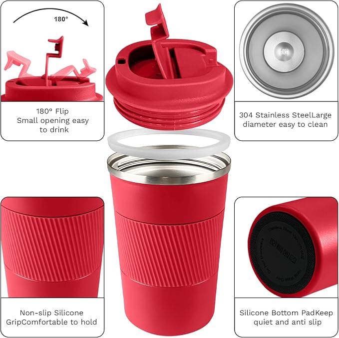 YINBAOGE Insulated Travel Coffee Mug, Spill & Leak Proof, Portable To Go Camping Stainless Steel Coffee Tumbler, Reusable Thermal Coffee Cup with Lid for Hot & Cold Drinks (Red, 12 OZ) - Image 2