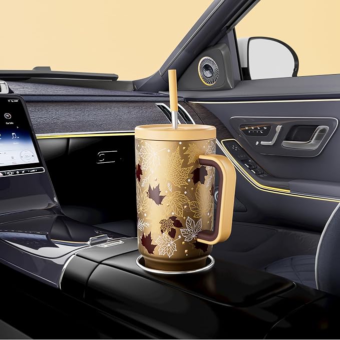 Meoky 40 oz Tumbler with Handle and Straw: Stainless Steel Insulated Tumbler with Lid and Straw - 100% Leak Proof Tumbler for Car Cup Holders - Travelers Commuters Workers, Maple - Image 5