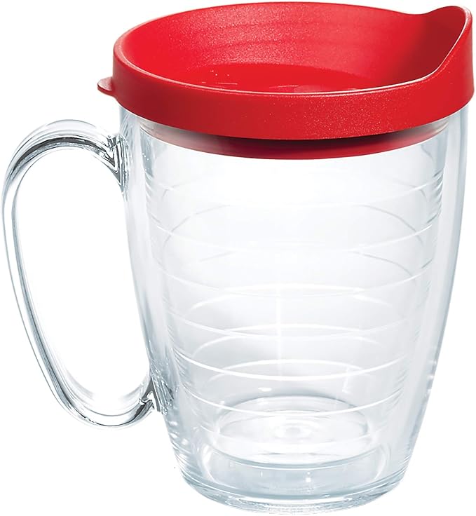 Tervis Clear & Colorful Lidded Made in USA Double Walled Insulated Tumbler Travel Cup Keeps Drinks Cold & Hot, 16oz Mug, Red Lid by TervisTumblerCompany