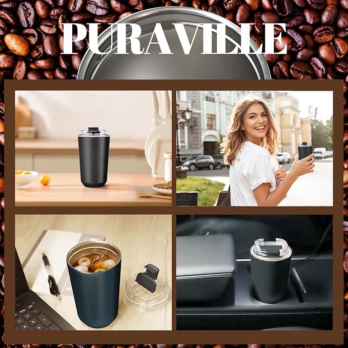 Puraville Insulated Tumblers with Lid, 14 oz Travel Coffee Mug Stainless Steel Vacuum Cup, Leak Proof Reusable Double Walled Coffee Tumbler for Iced and Hot Drinks, Black - Image 7