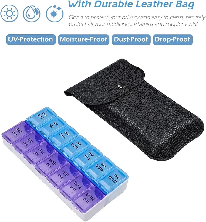 VOFOON Travel Pill Organizer 2 Times a Day, PU Leather Portable Pill Case - Image 3