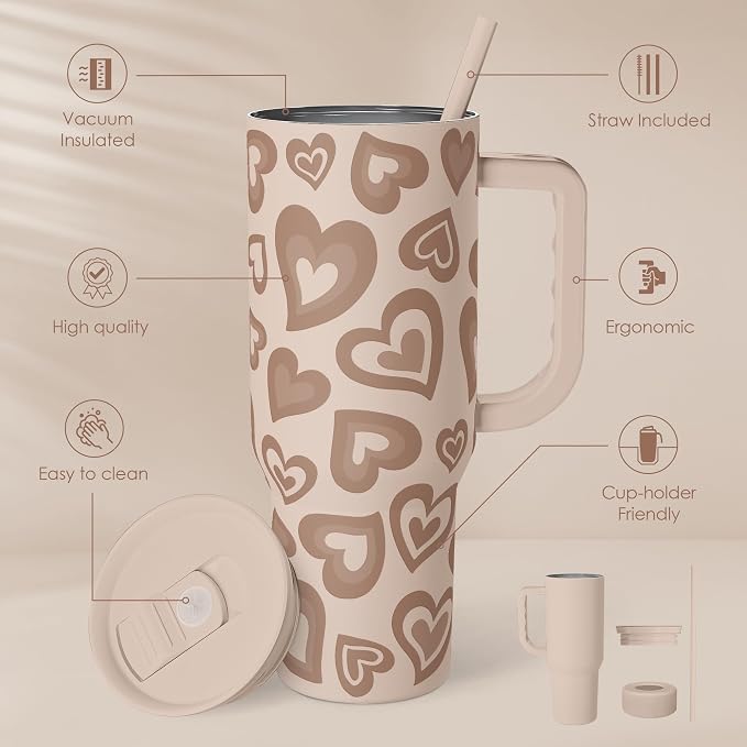 SANDJEST Heart Tumbler with Handle and Straw 40oz – Stainless Sleel Slider Tumbler Travel Coffee Mug for Women - Gift Idea for Birthday Christmas Valentine's Day - Image 2