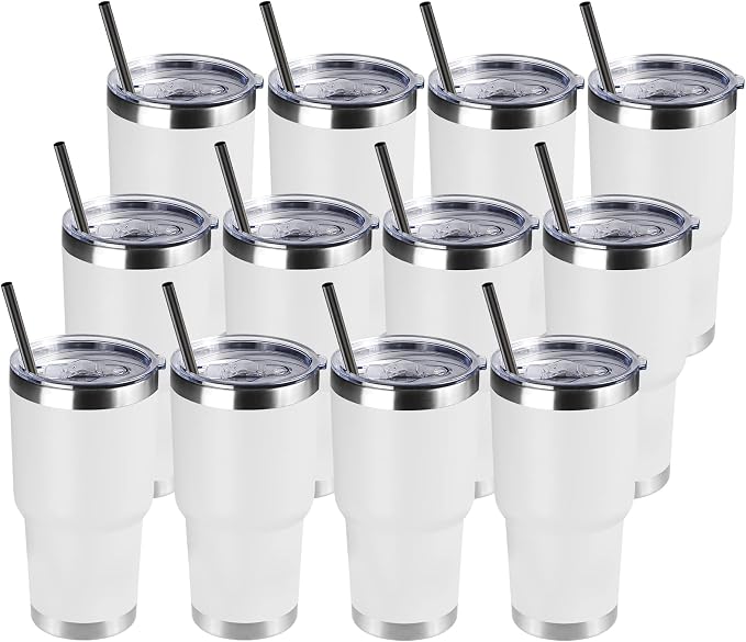 DOMICARE 30 oz Tumbler with Lid and Straw, Stainless Steel Tumblers Bulk, Insulated Vacuum Double Wall Travel Coffee Mug, Durable Powder Coated Tumbler Cups (White, 12) by VisittheDOMICARE