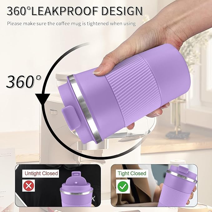 YINBAOGE Insulated Travel Coffee Mug, Spill & Leak Proof, Portable To Go Camping Stainless Steel Coffee Tumbler, Reusable Thermal Coffee Cup with Lid for Hot & Cold Drinks (Purple, 12 OZ) - Image 5