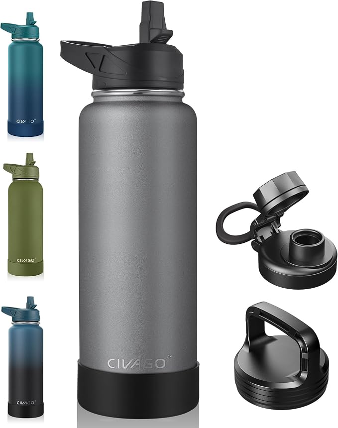 CIVAGO 40 oz Insulated Water Bottle With Straw, Stainless Steel Sports Water Flask Cup with 3 Lids (Straw, Spout and Handle Lid), Double Walled Travel Thermal Canteen Mug, Cool Gray by CIVAGO