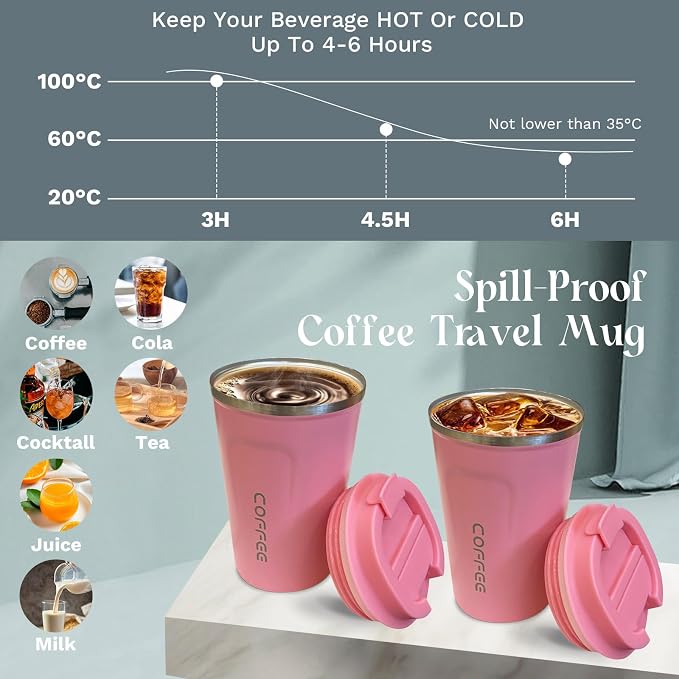 YINBAOGE Insulated Travel Coffee Mug, Spill & Leak Proof, Portable To Go Camping Stainless Steel Coffee Tumbler, Reusable Thermal Coffee Cup with Lid for Hot & Cold Drinks (2nd-Pink, 12 OZ) - Image 3