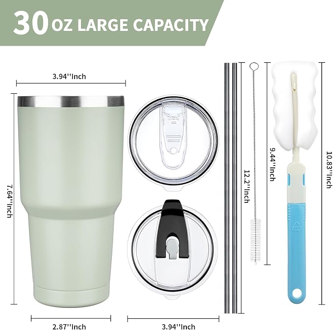 30 oz Tumbler with Lids and Straws, Stainless Steel Insulated Coffee Tumbler, Double Wall Vacuum Insulated Travel Mug Cup, Leakproof Thermal Coffee Cup for Hot and Cold Drinks (Green Tea) - Image 2