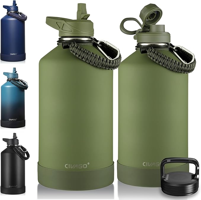 CIVAGO Gallon Insulated Water Bottle Jug with Straw, 128 oz Large Stainless Steel Water Flask, Big Metal Thermal Mug with 3 Lids for Sports, Travel, Gym, and Camping, Army Green by CIVAGO